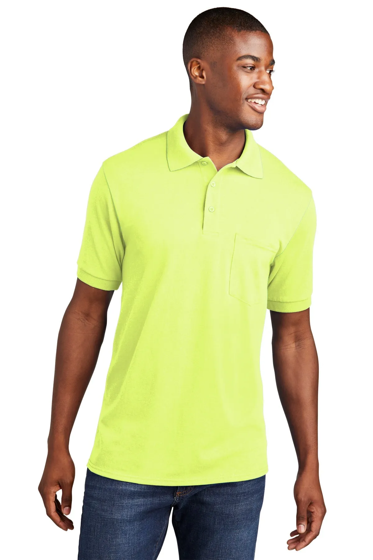 Port & Company Branded Jersey Knit Pocket Polos, Safety Green