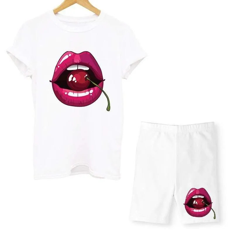 Women Two Piece Lips T Shirts And Shorts Summer Set